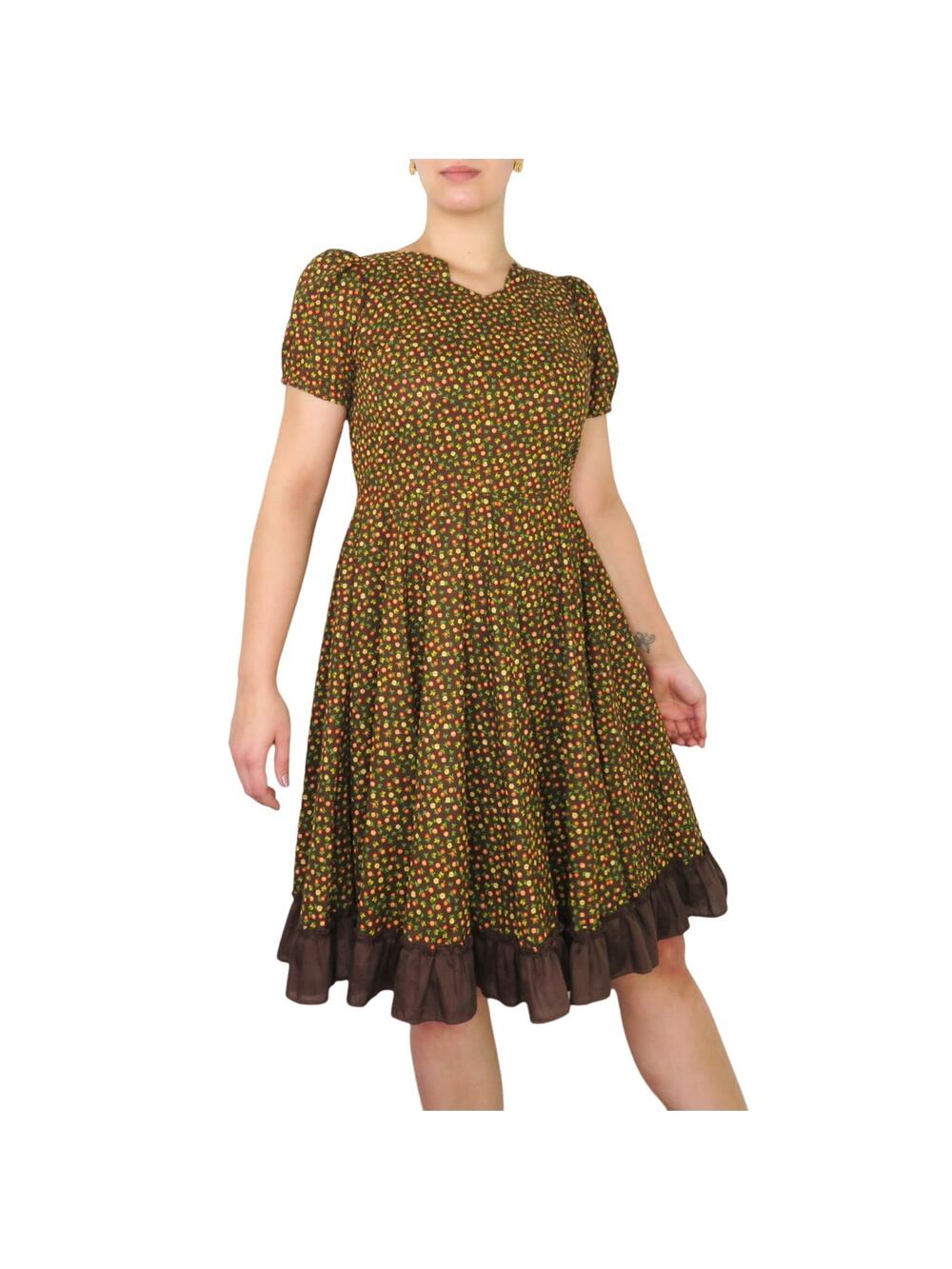 1970s Vintage Brown Floral Dress Gunne Sax Pattern Short Sleeve Flare Medium
